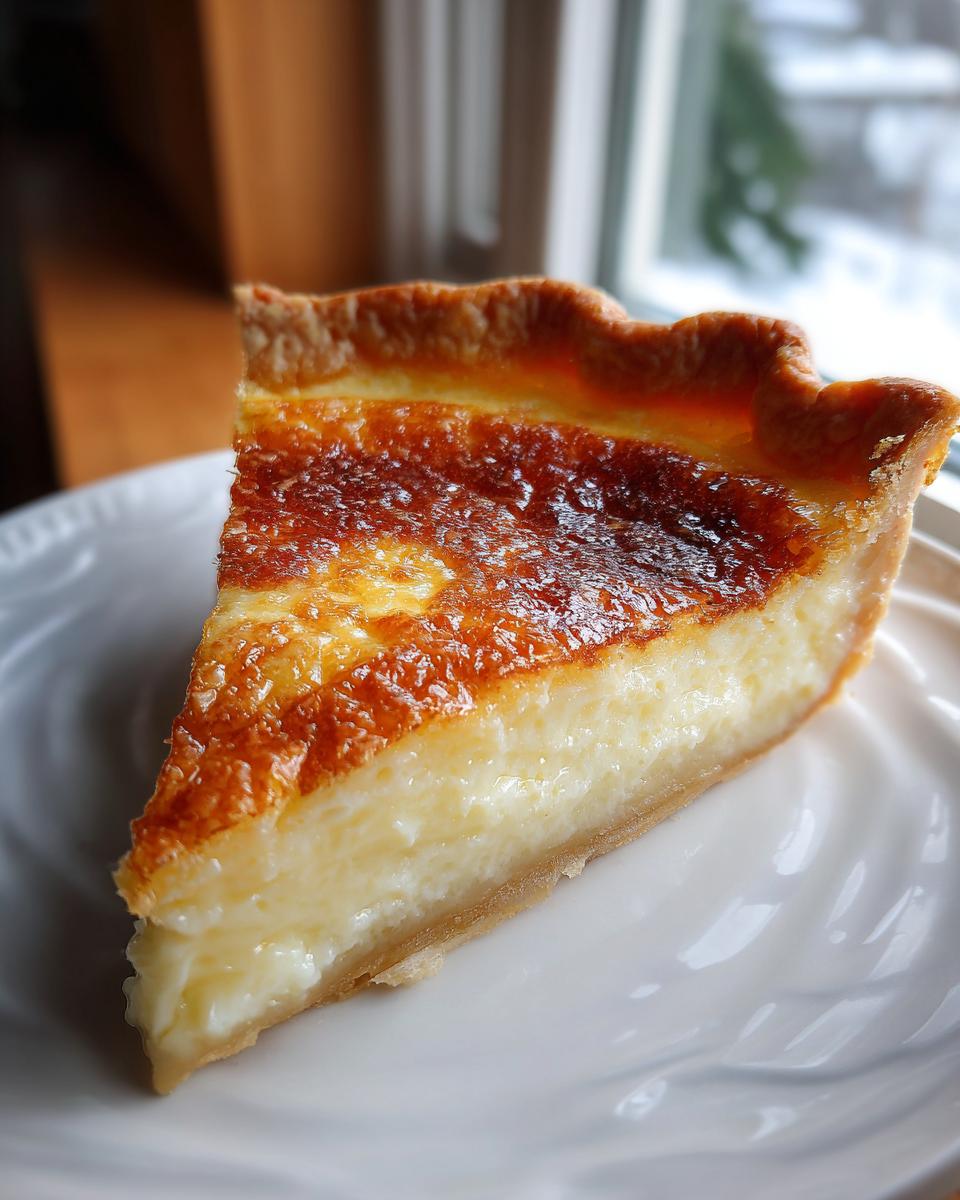 A close-up slice of buttermilk pie showing a creamy white filling and a deeply caramelized, browned top crust.
