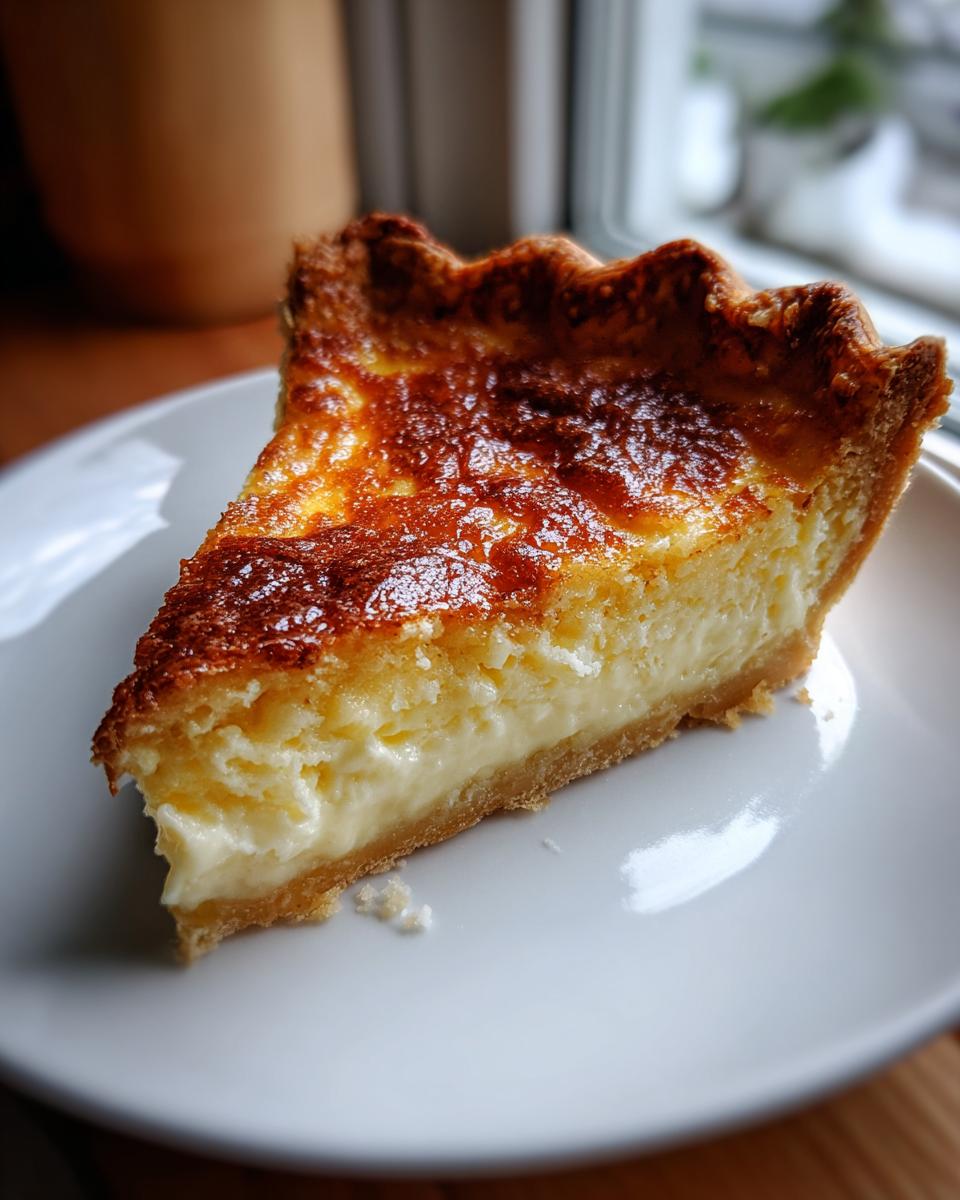 A close-up slice of creamy buttermilk pie with a deeply browned, caramelized top crust.