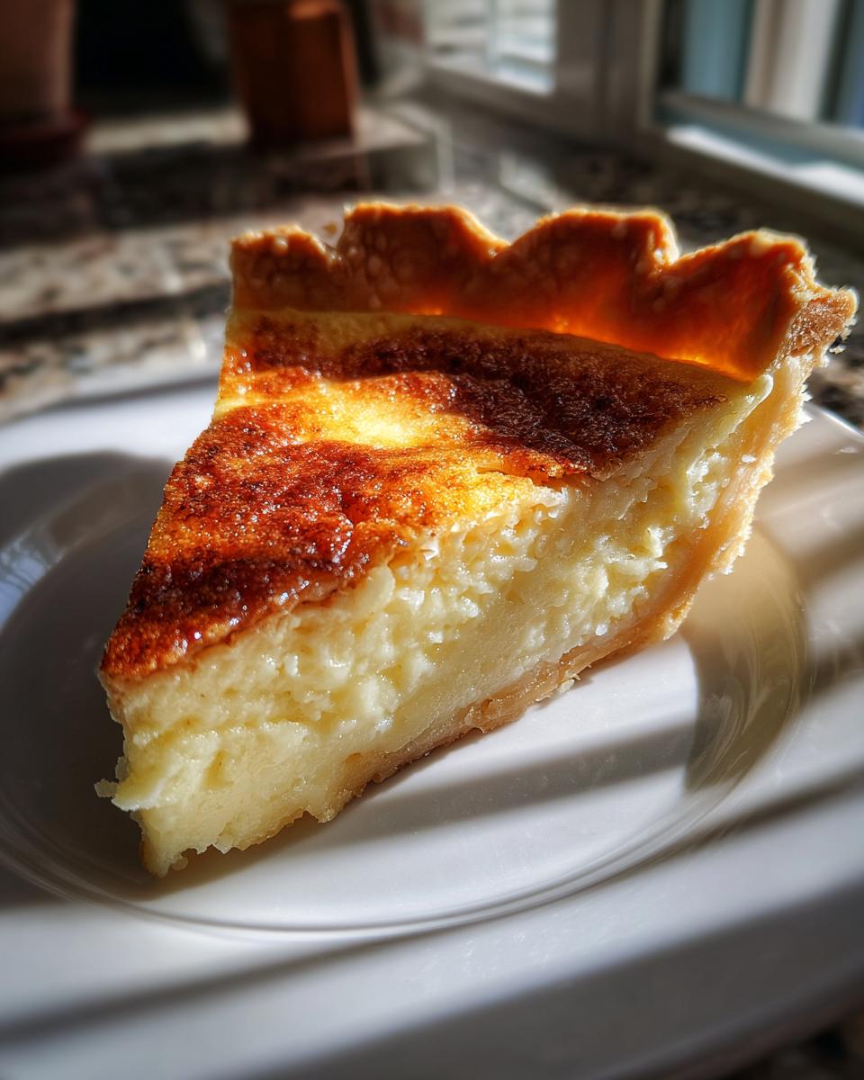 A close-up slice of creamy buttermilk pie with a beautifully browned top crust, served on a white plate.