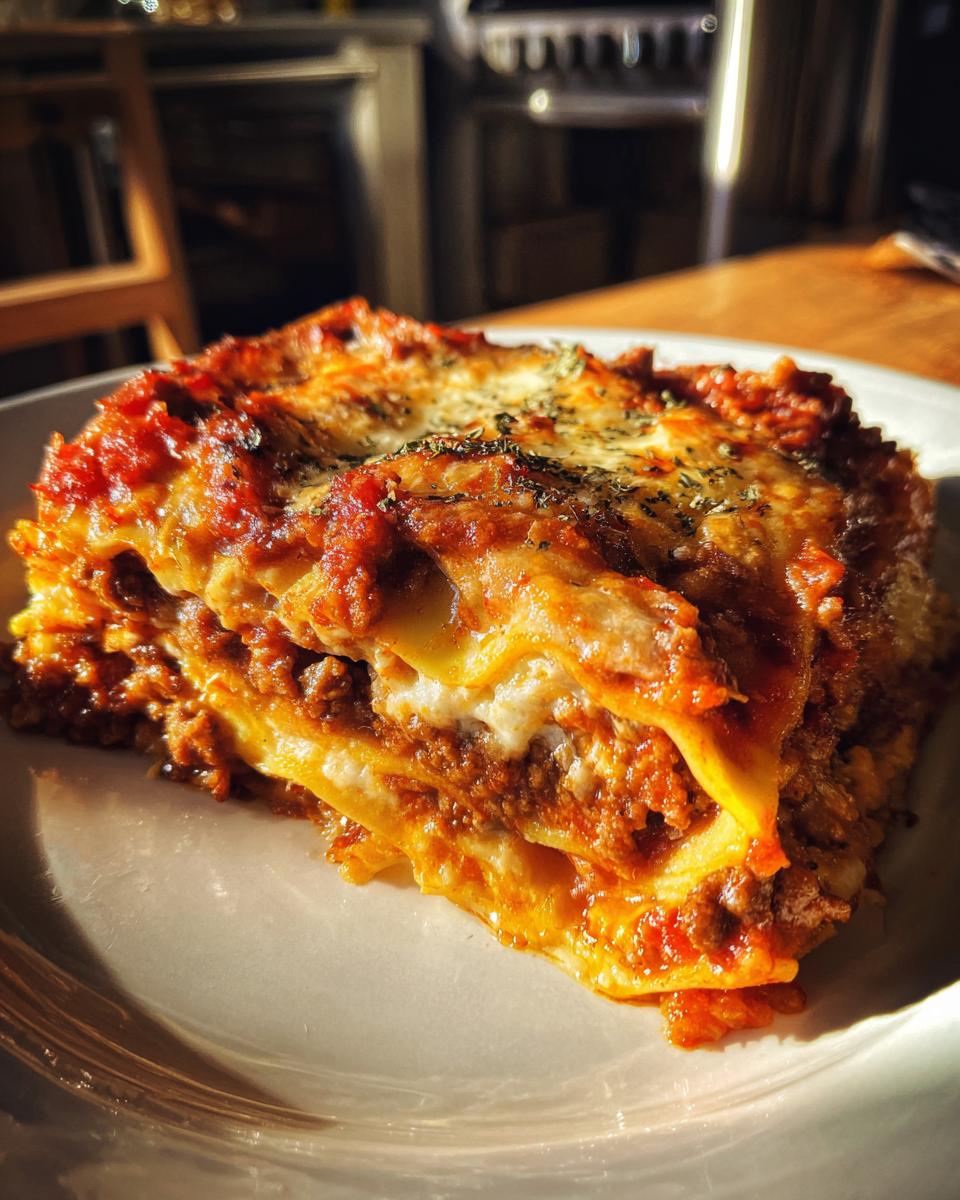 Close-up of a thick, layered slice of homemade lasagna with meat sauce and melted cheese.