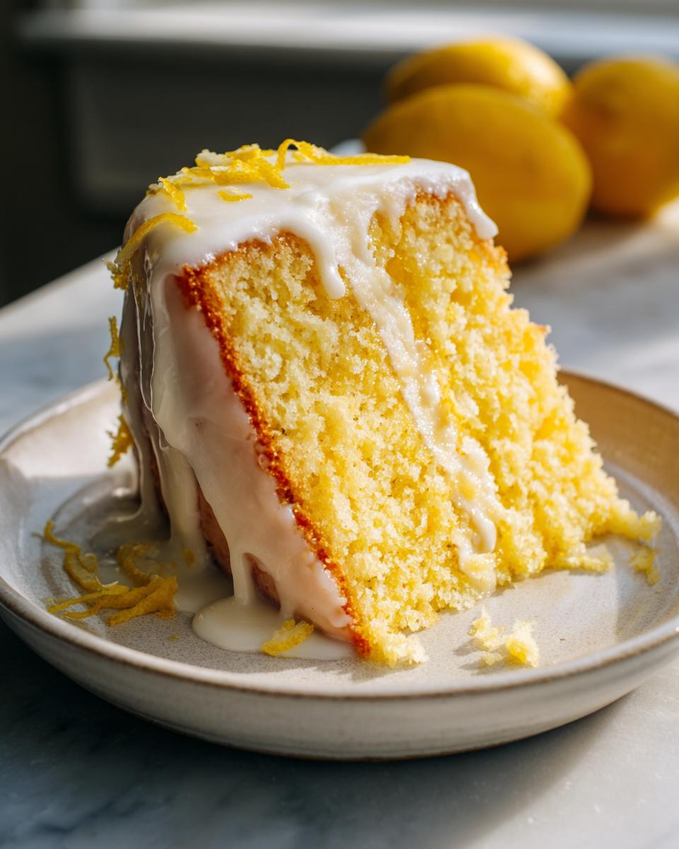 Close-up of a moist slice of lemon cake recipe topped with thick white glaze and lemon zest.