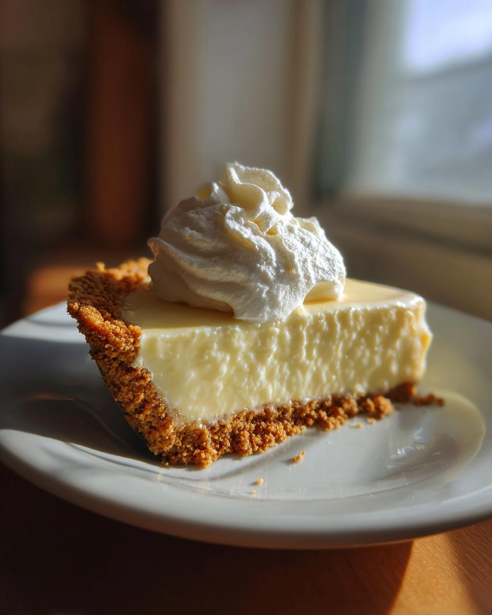 A close-up, sunlit slice of creamy lemon pie with a graham cracker crust, topped with whipped cream.
