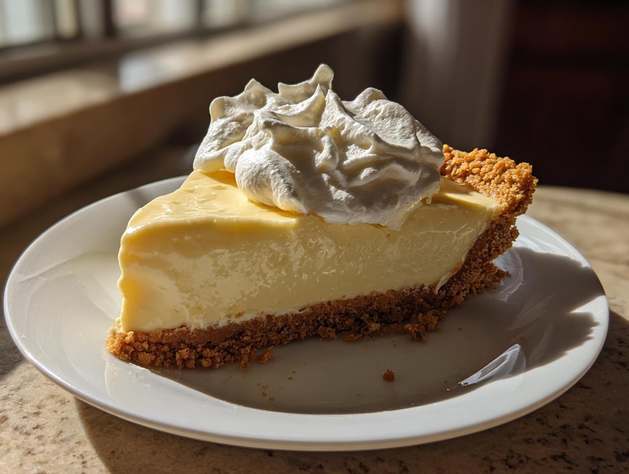 A close-up of a creamy slice of lemon pie topped with a swirl of whipped cream, sitting on a white plate.