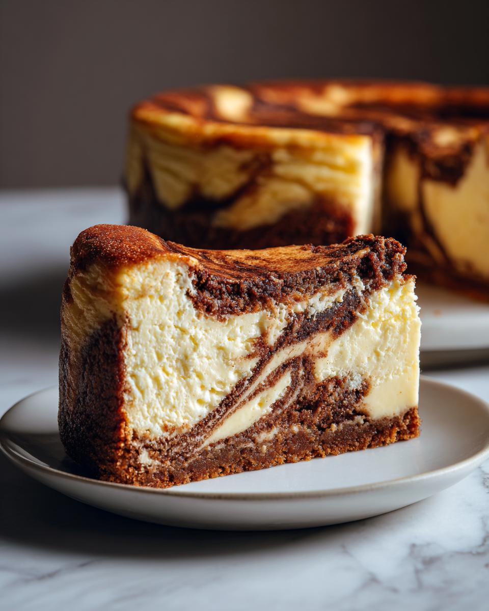 A thick slice of marbled snickerdoodle cheesecake with a cinnamon swirl on a small white plate.
