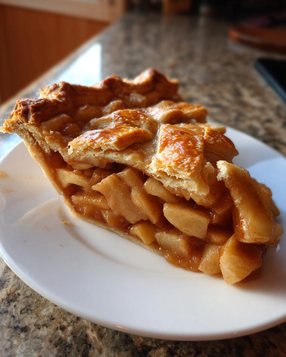 Close-up of a generous slice of apple pie showing thick, spiced apple filling and a golden, flaky lattice crust.