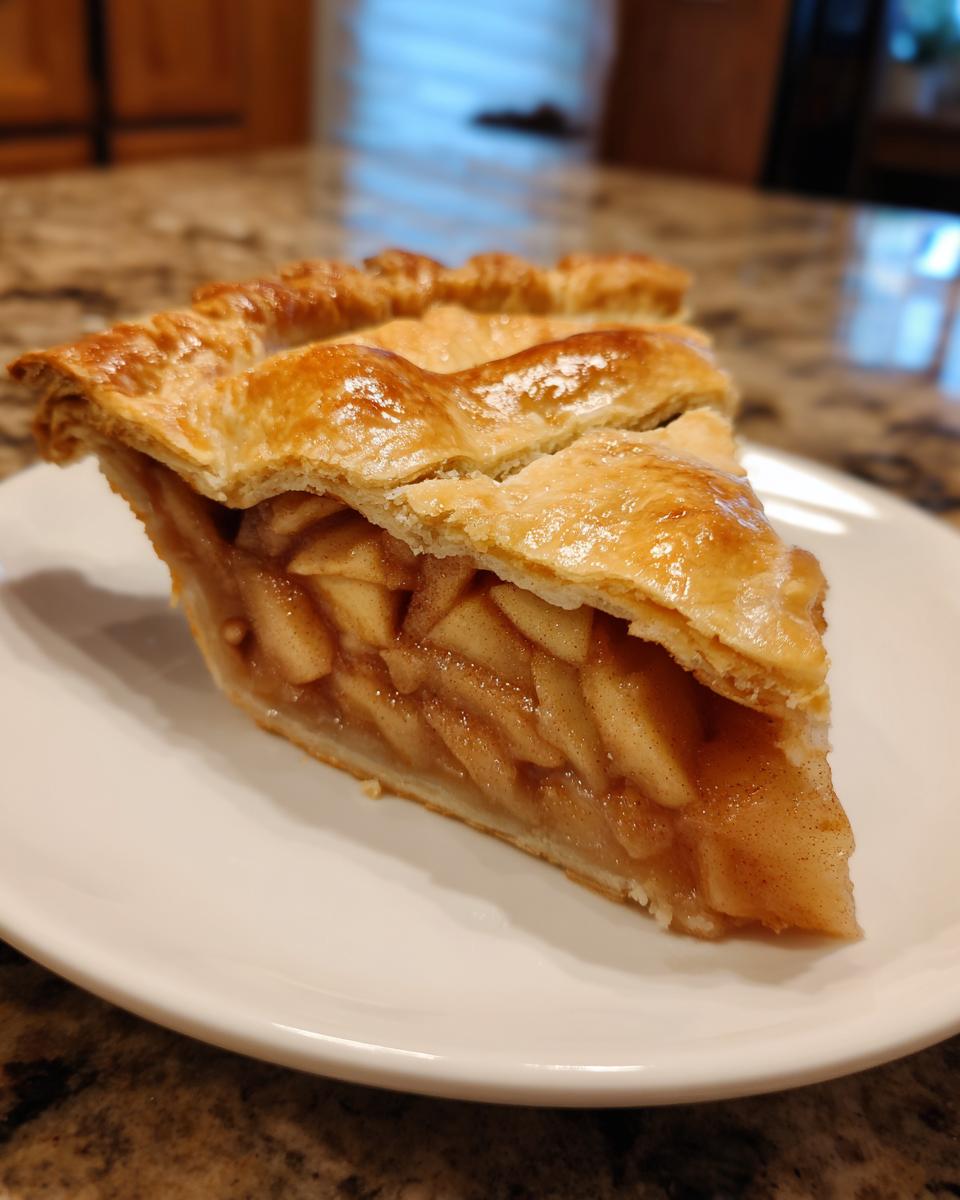 A close-up of a perfect slice of apple pie showing thick, spiced apple filling and a golden, flaky top crust.