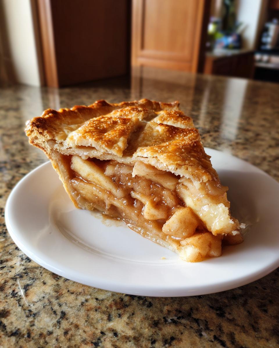 A perfect slice of apple pie showing thick, spiced apple filling and a golden, flaky lattice crust.
