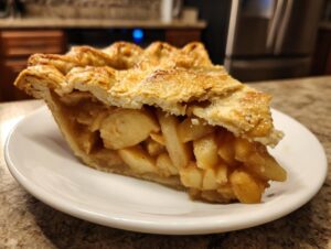 A close-up view of a generous slice of apple pie showing thick apple filling and a golden, flaky top crust.