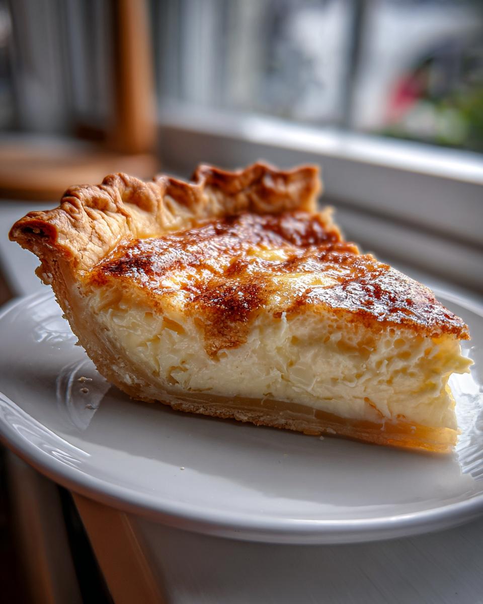 A close-up slice of creamy buttermilk pie with a beautifully browned top, resting on a white plate.