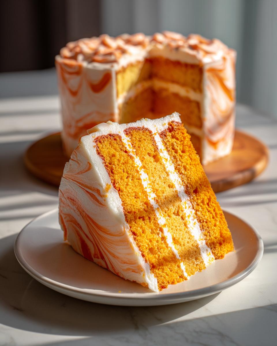 A tall slice of orange Creamsicle Cake showing three layers of bright orange cake and white frosting, set against the rest of the cake.