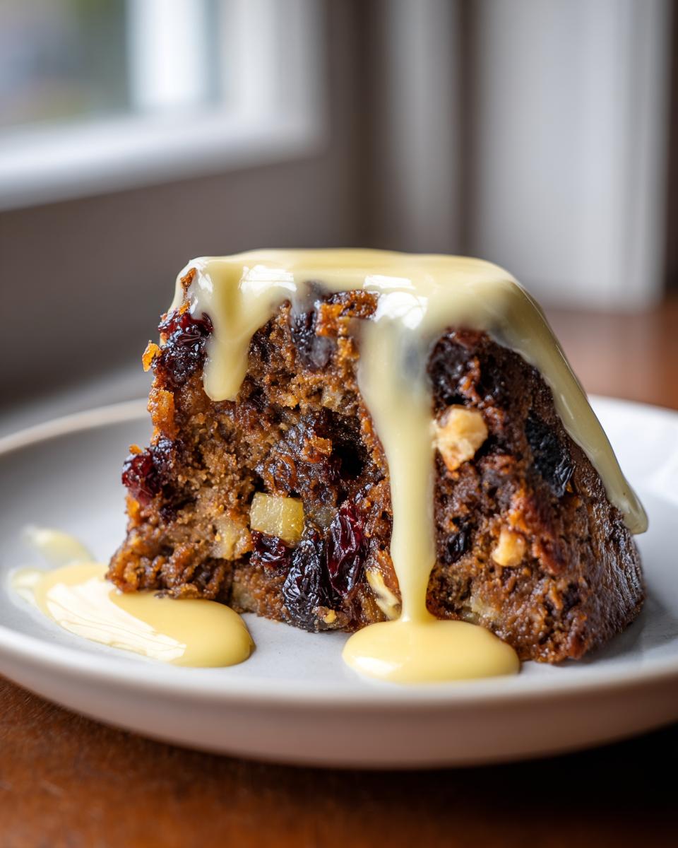 A close-up of a moist slice of plum pudding covered in rich, flowing vanilla custard sauce.