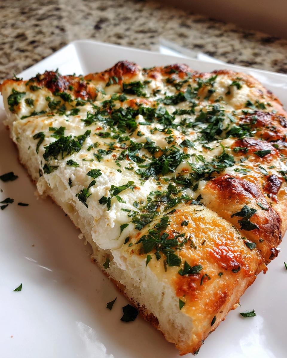 A thick slice of white pizza topped with creamy ricotta and fresh parsley, showing a golden crust.