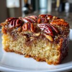 Close-up of a moist slice of pecan upside down cake with a glossy, caramelized pecan topping.