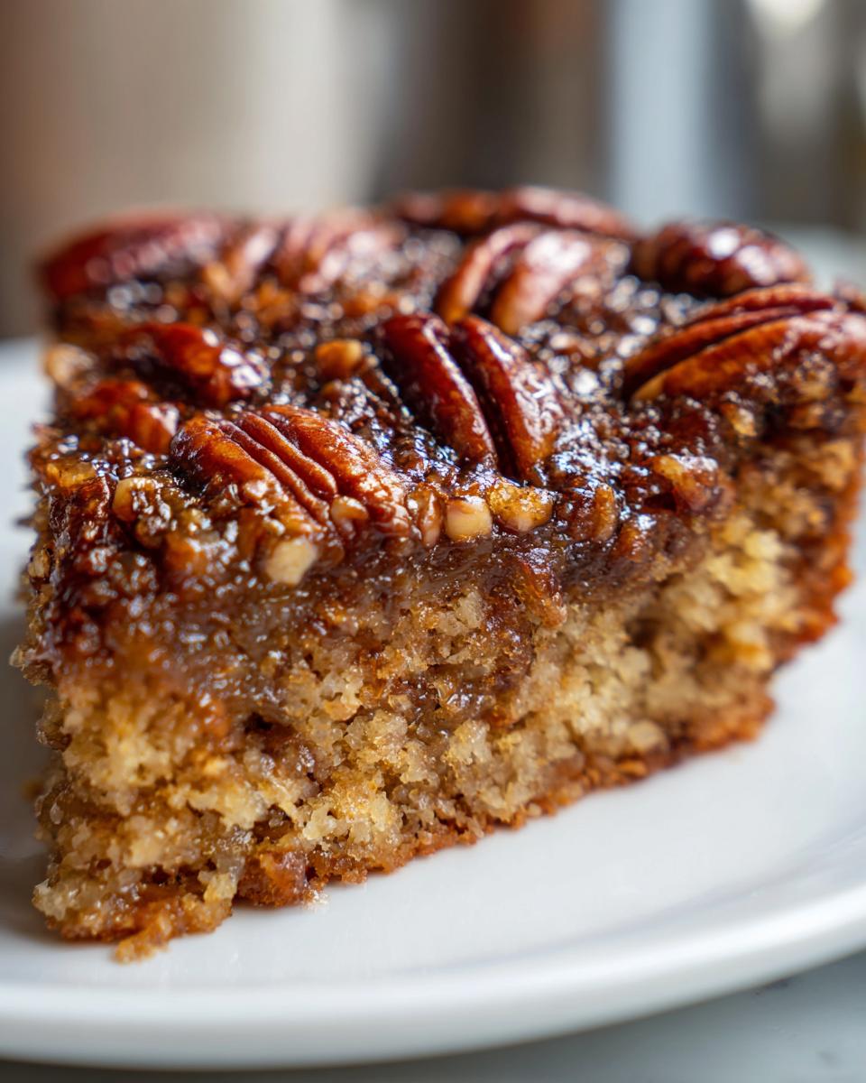 Close-up of a moist slice of pecan upside down cake showing the sticky, caramelized pecan topping.