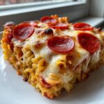 A close-up shot of a square slice of pizza pasta bake topped with melted mozzarella and pepperoni.