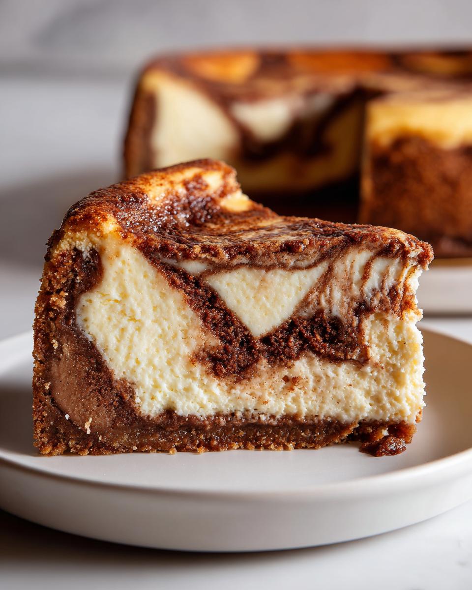 A close-up slice of snickerdoodle cheesecake showing a creamy white filling swirled with dark cinnamon cake batter on a white plate.
