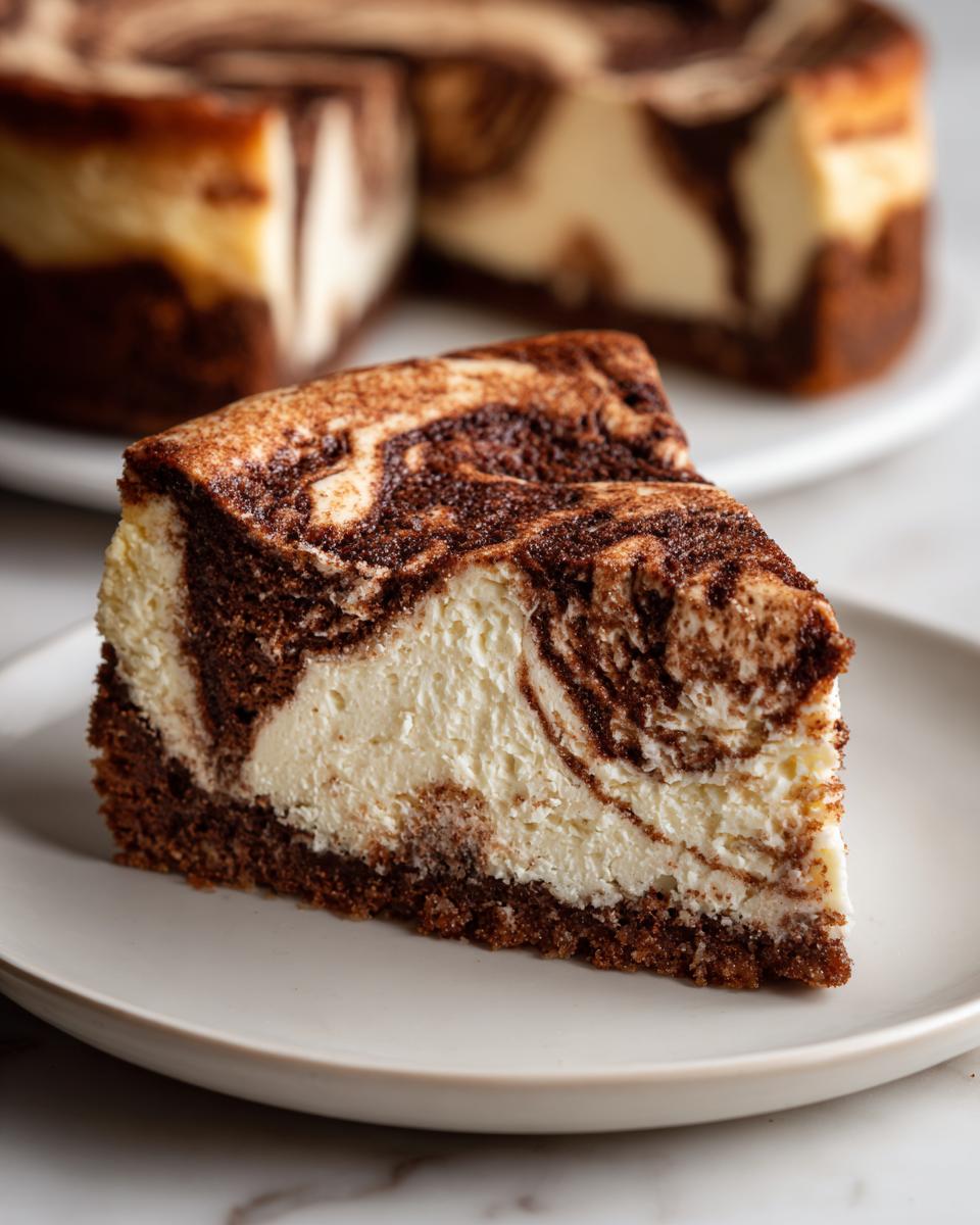 A close-up of a rich slice of snickerdoodle cheesecake showing a beautiful brown cinnamon swirl pattern.