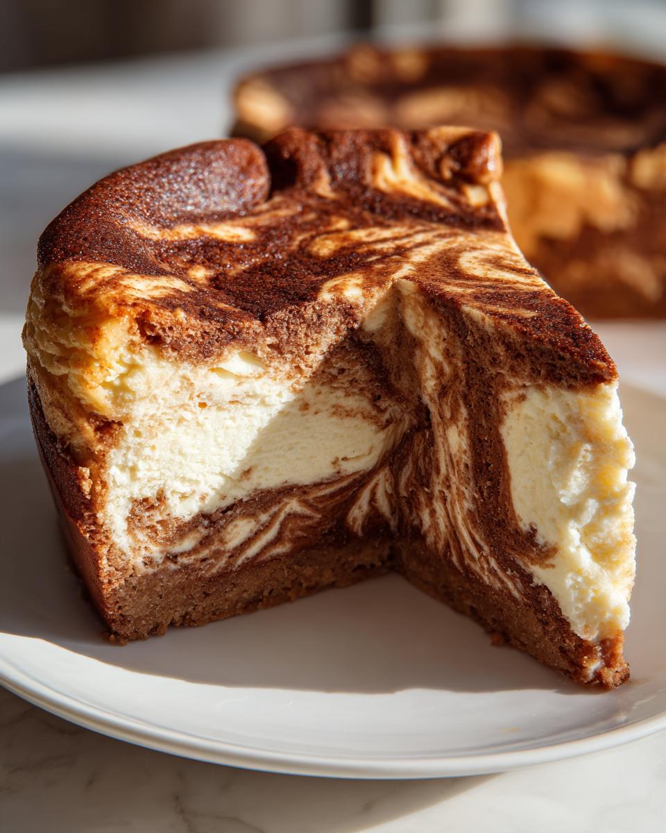 A thick slice of snickerdoodle cheesecake featuring a creamy white filling marbled with dark cinnamon swirl, resting on a white plate.