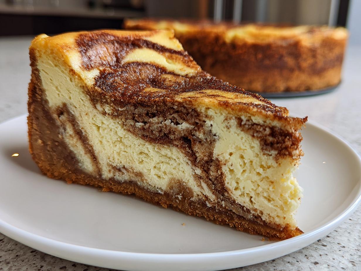 A close-up of a rich slice of snickerdoodle cheesecake showing creamy vanilla and cinnamon swirl layers.