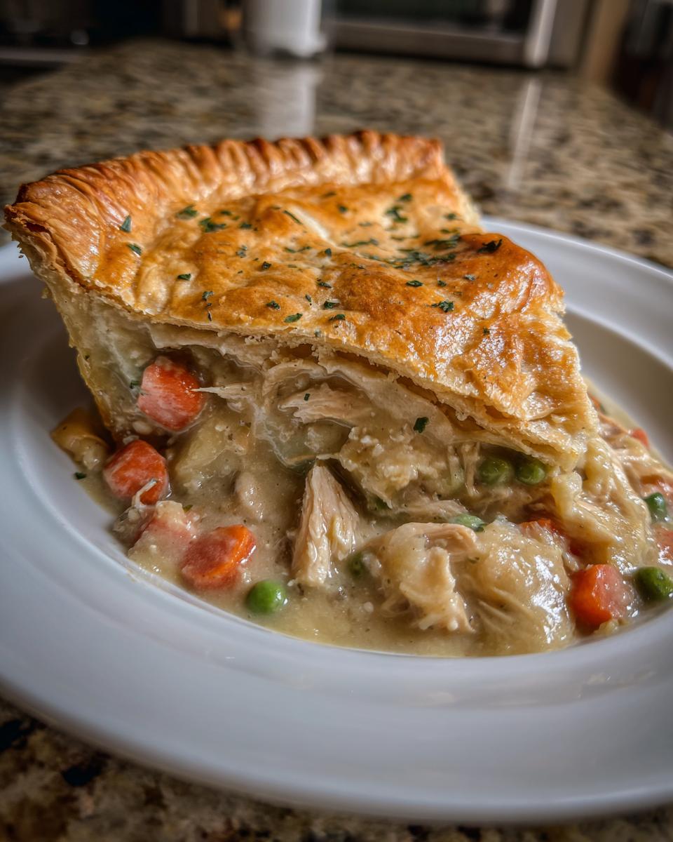 A generous slice of turkey pot pie showing shredded turkey, carrots, and peas in a creamy sauce under a golden, flaky crust.