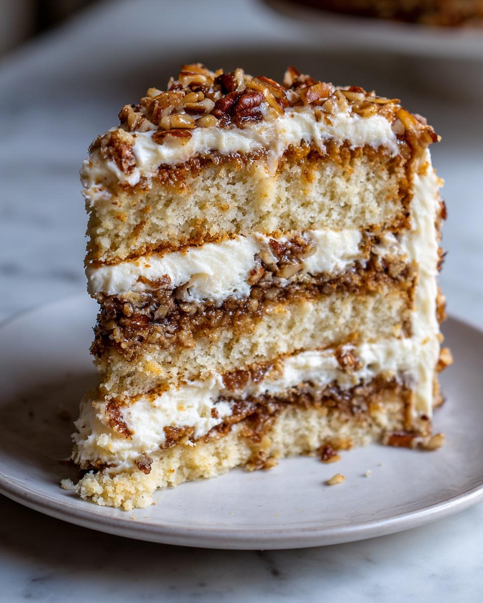 A tall slice of white German chocolate cake featuring white frosting and pecan filling layers.
