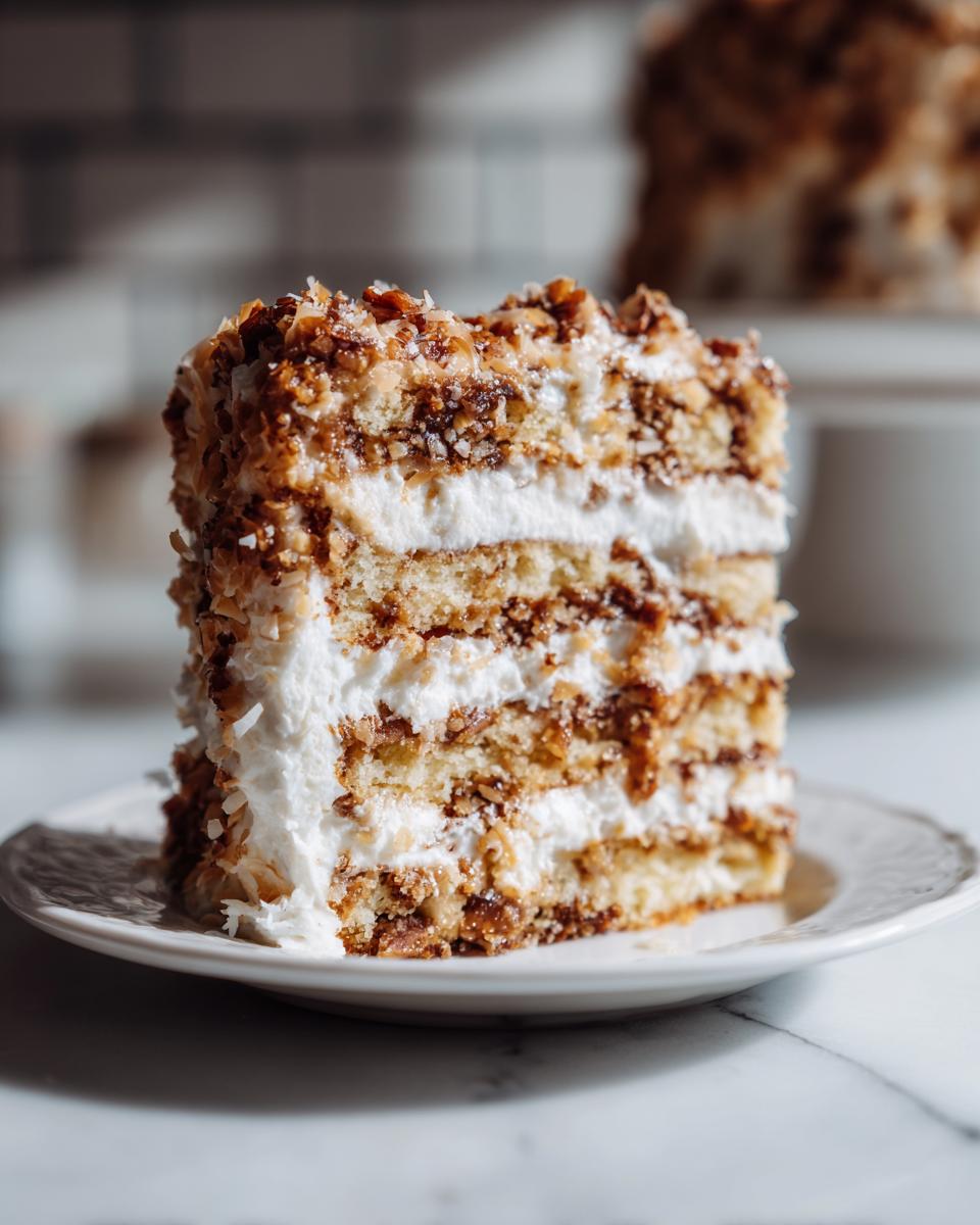 Close-up of a layered slice of white German chocolate cake with white frosting and coconut pecan filling.