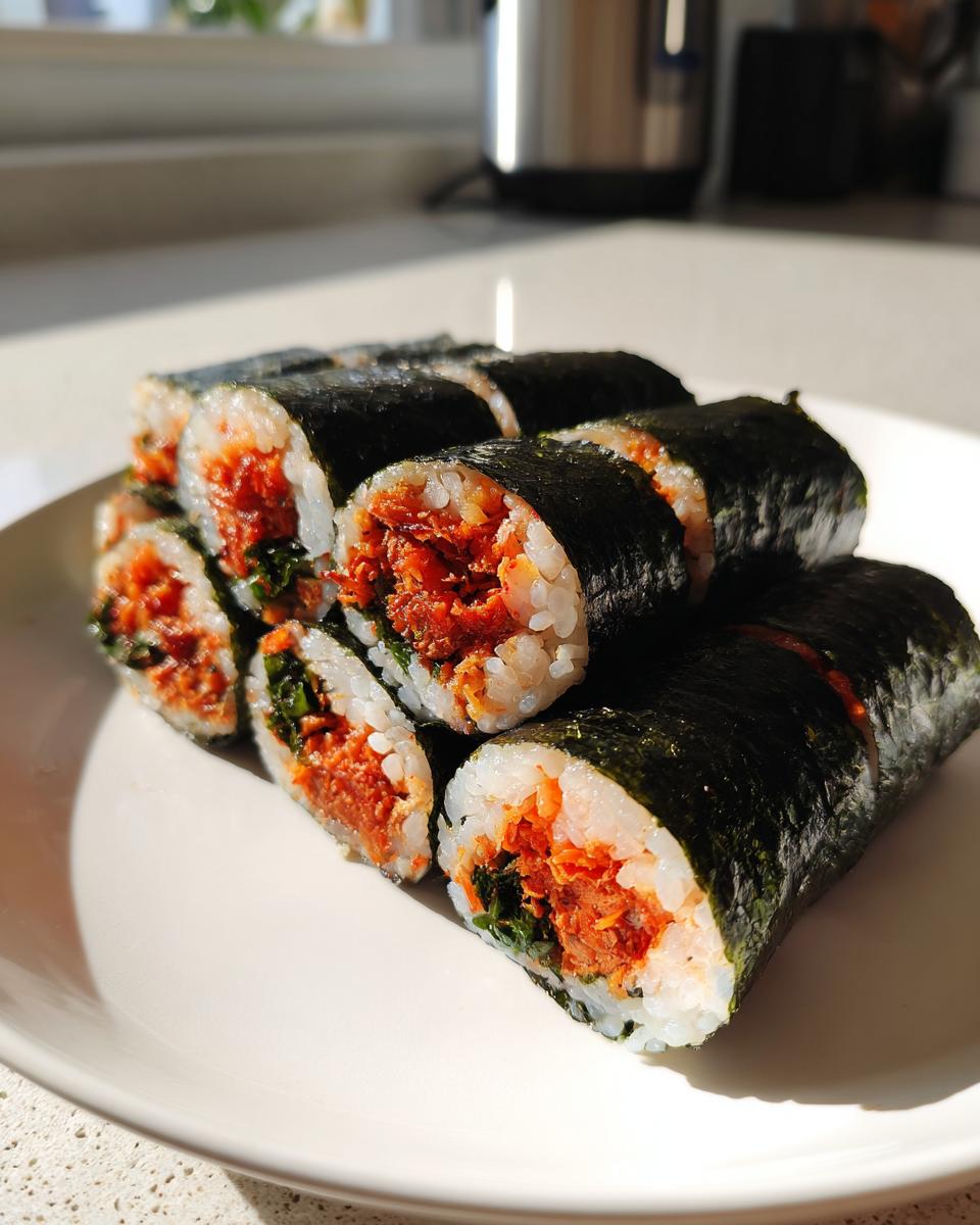 A stack of freshly cut tuna kimbap rolls showing the spicy red tuna filling and rice wrapped in dark seaweed.