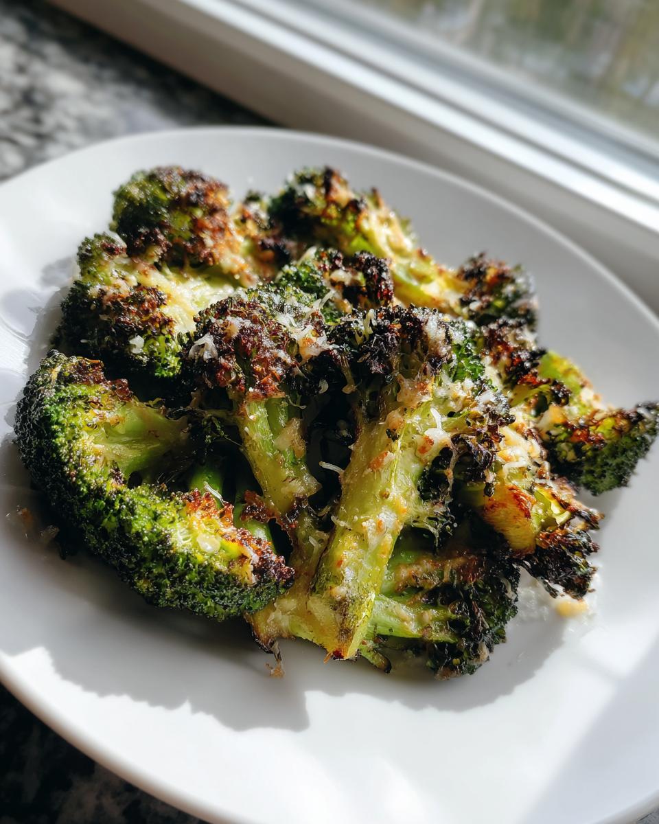 Close-up of crispy, charred smashed broccoli topped with grated Parmesan cheese on a white plate.
