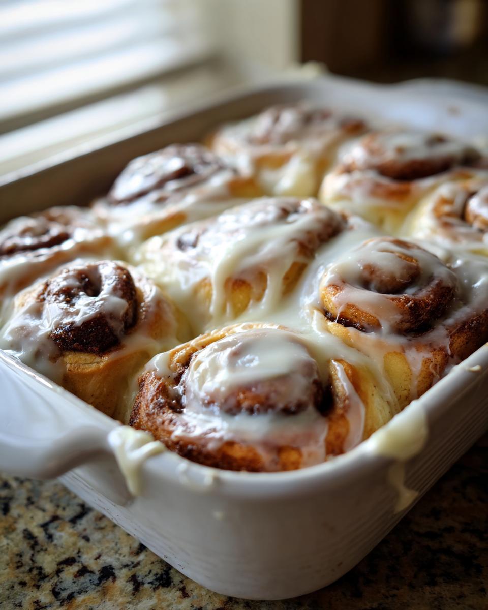 A close-up of soft, gooey cinnamon buns covered in white icing, fresh from the oven.