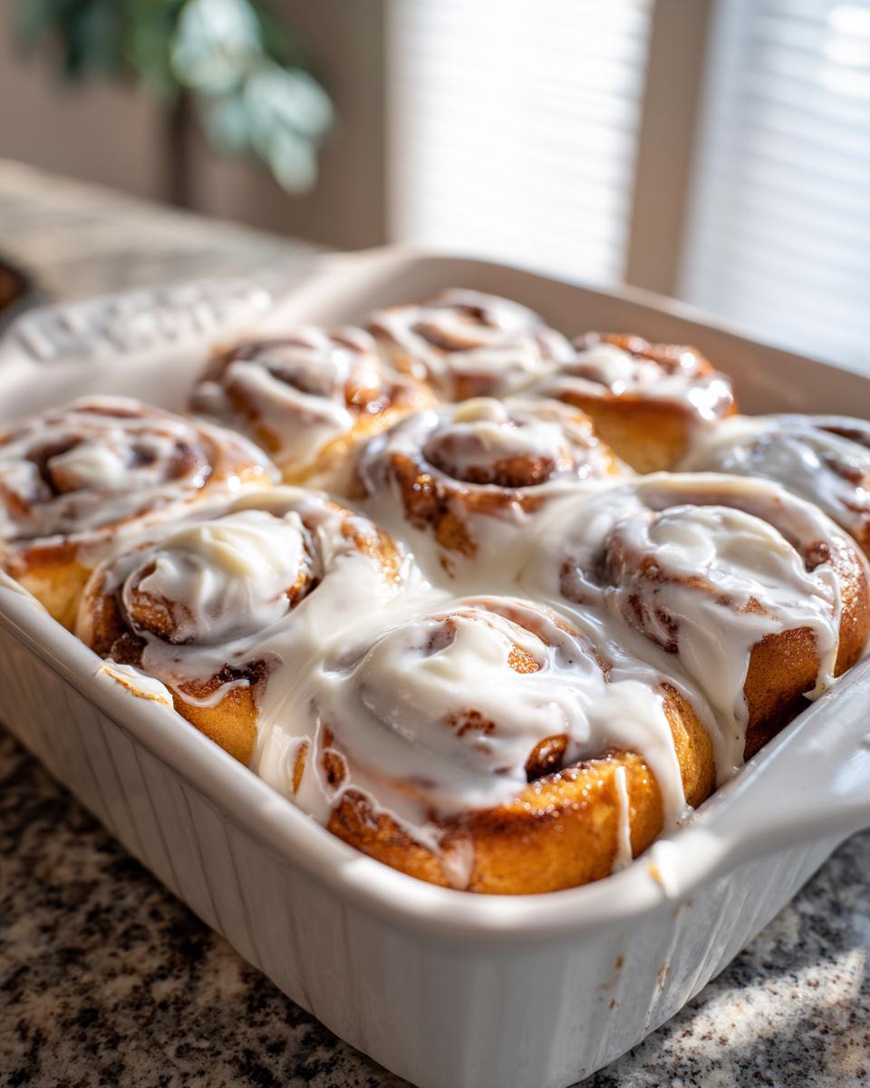 A close-up of warm, soft cinnamon buns covered in thick white frosting, baked together in a white ceramic dish.