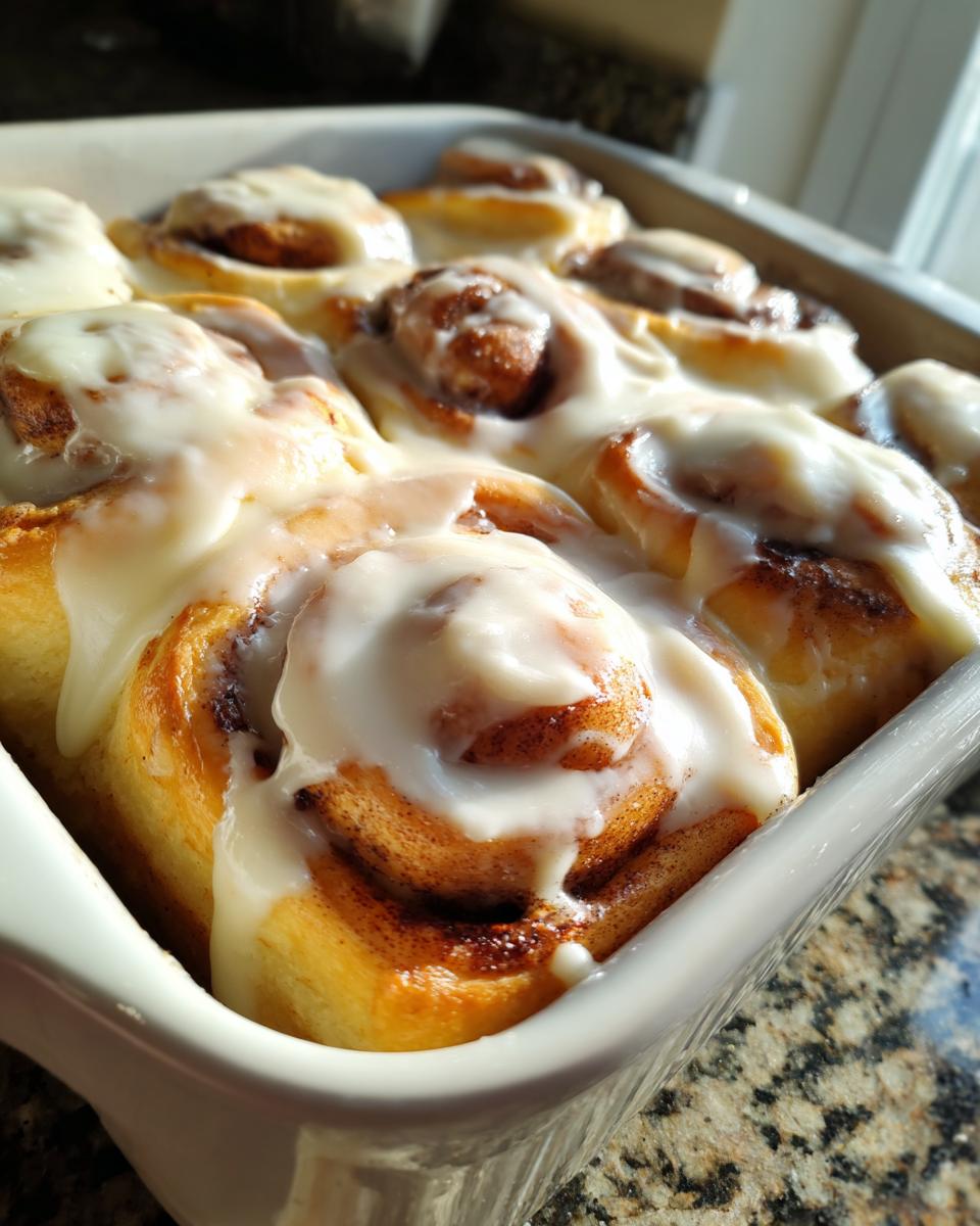 A close-up of soft cinnamon buns baked together in a white dish, generously topped with white icing.