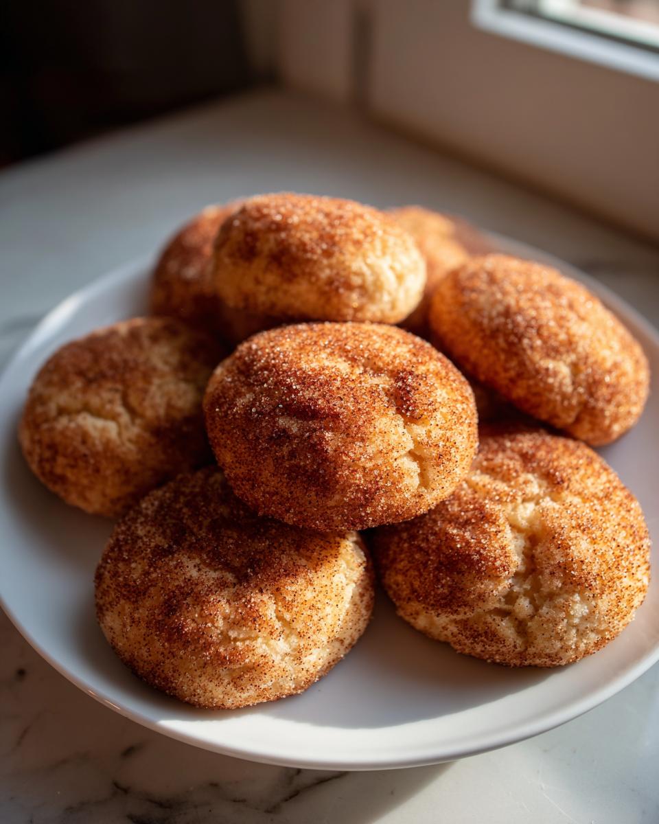 A stack of freshly baked, soft snickerdoodle cookies generously coated in cinnamon sugar, resting on a white plate.