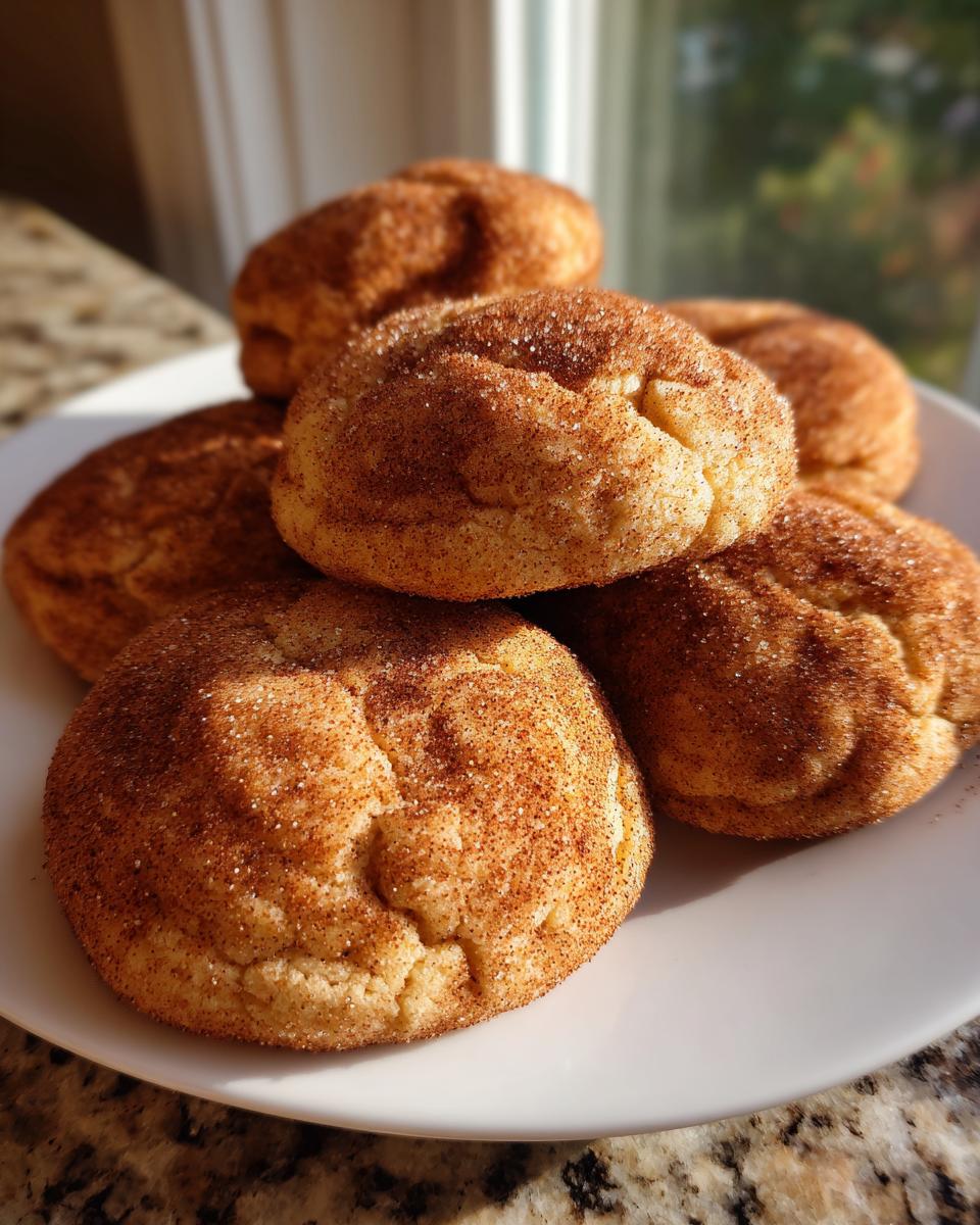 A close-up of several soft, puffy snickerdoodle cookies generously coated in cinnamon sugar, stacked on a white plate.