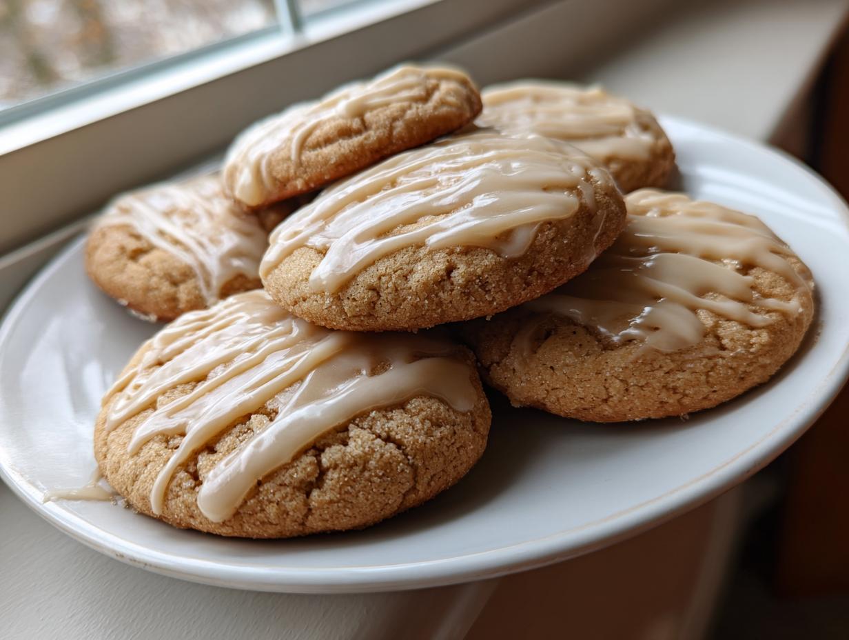A stack of soft maple cookies drizzled with a light brown maple glaze, resting on a white plate near a window.