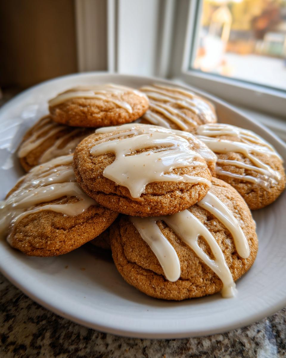 A close-up of several soft maple cookies piled on a white plate, drizzled with a light maple glaze.