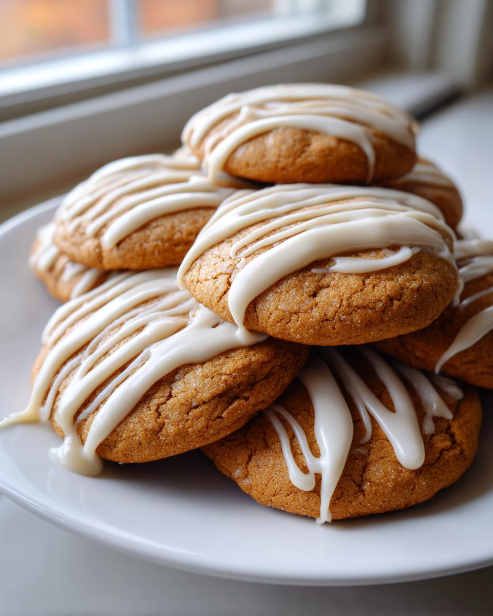 A close-up stack of soft maple cookies topped with a thick, white glaze drizzle, sitting on a white plate.