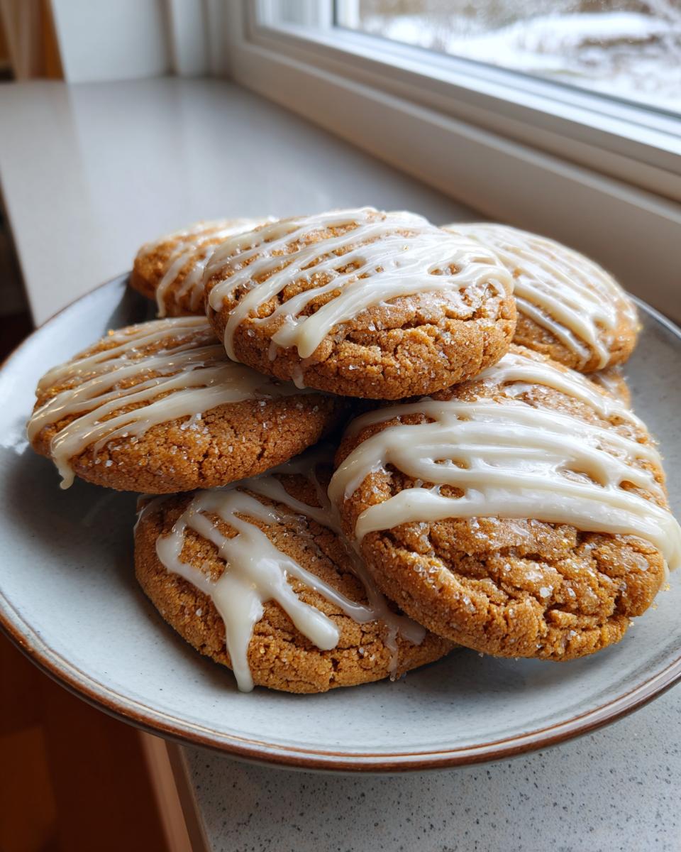 A stack of soft maple cookies topped with a thick white glaze drizzle, resting on a light blue plate.