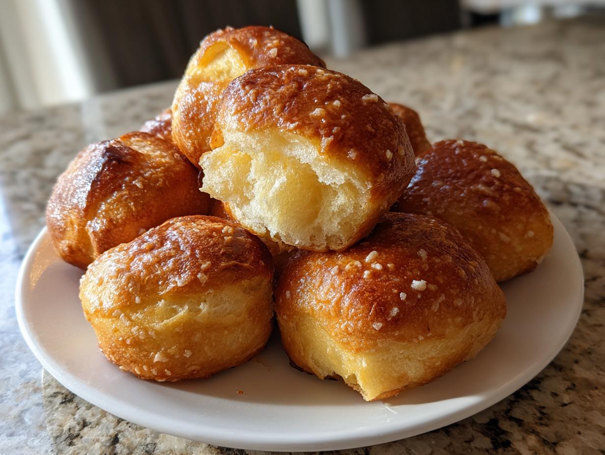 A pile of golden brown, soft pretzel bites sprinkled with coarse salt, one is broken open showing the fluffy interior.