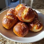 A close-up of freshly baked, golden brown soft pretzel bites sprinkled with coarse salt on a white plate.