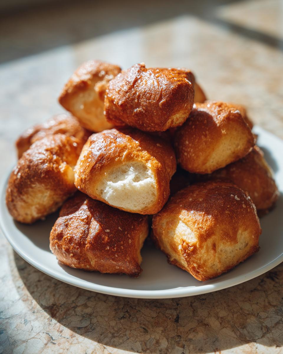 A close-up stack of freshly baked, golden brown soft pretzel bites sprinkled with coarse salt.
