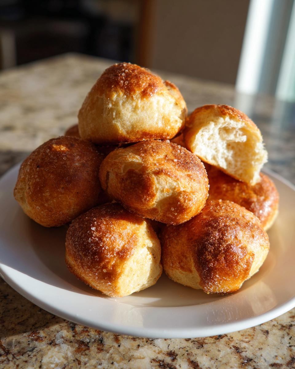 A stack of golden brown, soft pretzel bites sprinkled with coarse salt on a white plate.