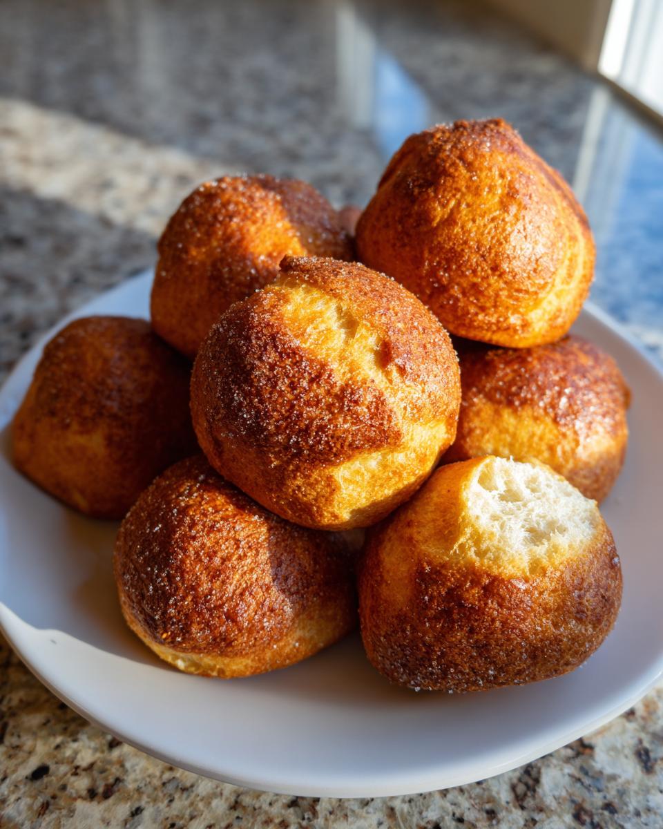 A stack of warm, golden brown soft pretzel bites coated in sugar, with one bite broken open showing the soft interior.