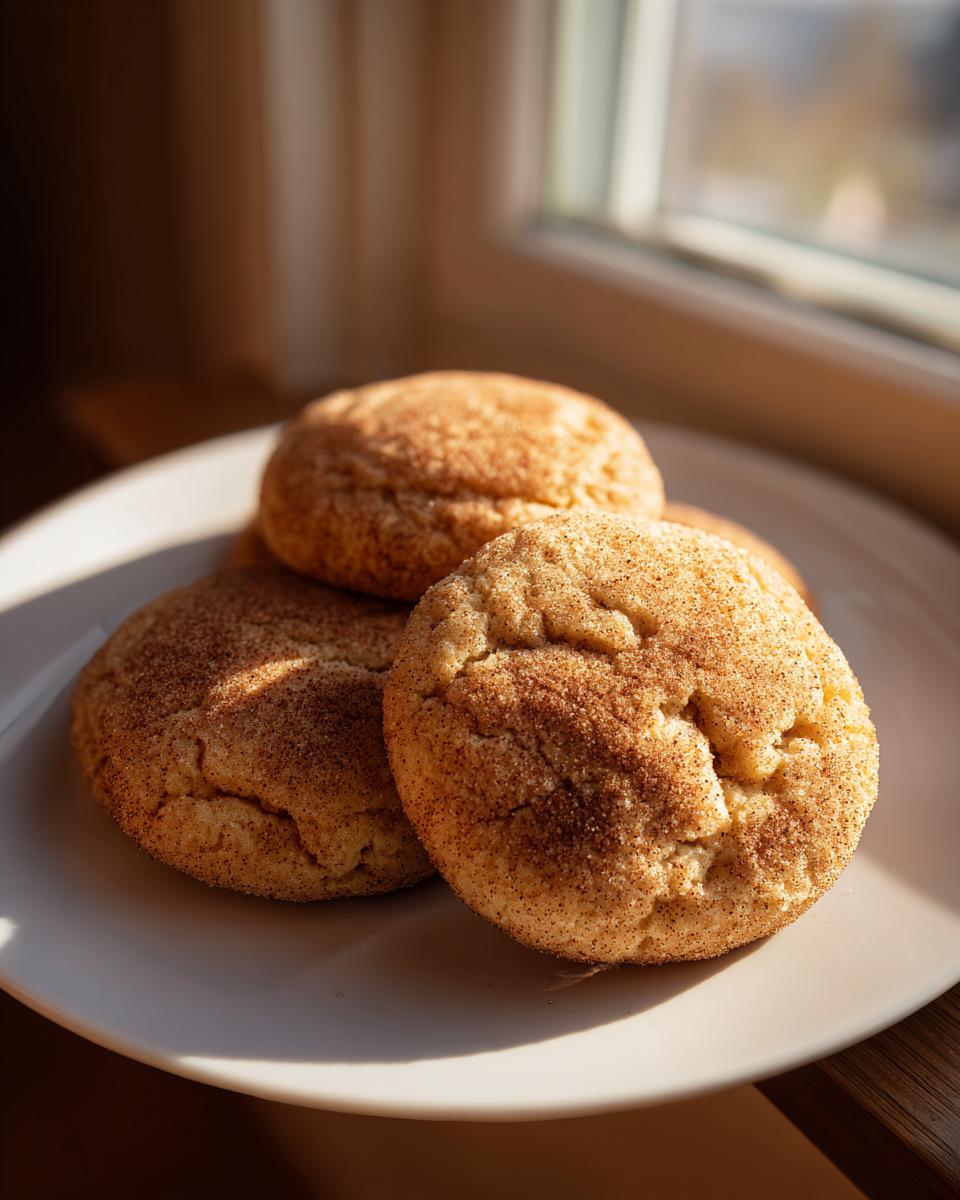 A close-up of several soft, freshly baked snickerdoodles coated in cinnamon sugar, sitting on a white plate.