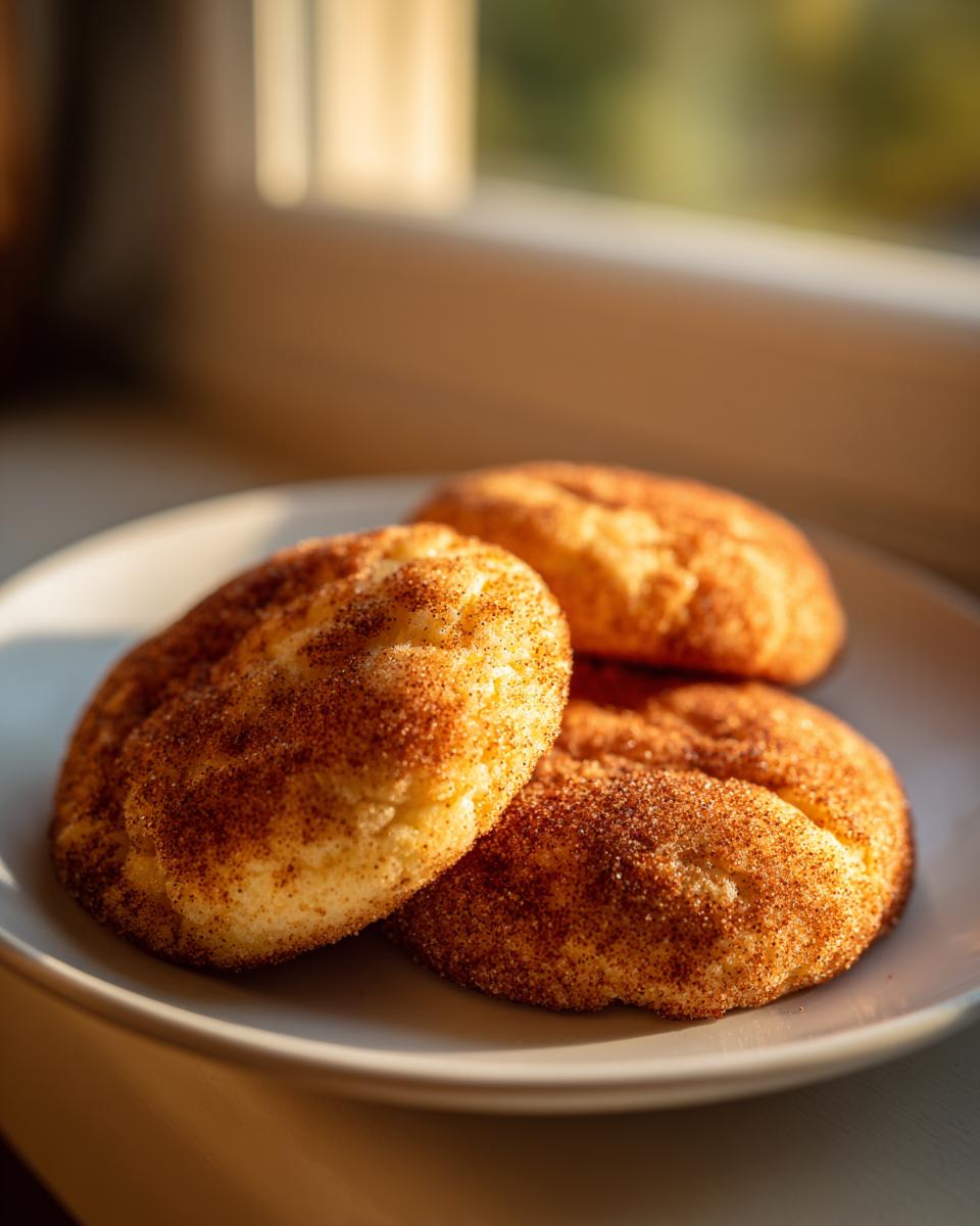 Three soft, freshly baked snickerdoodles coated in cinnamon sugar resting on a light gray plate.