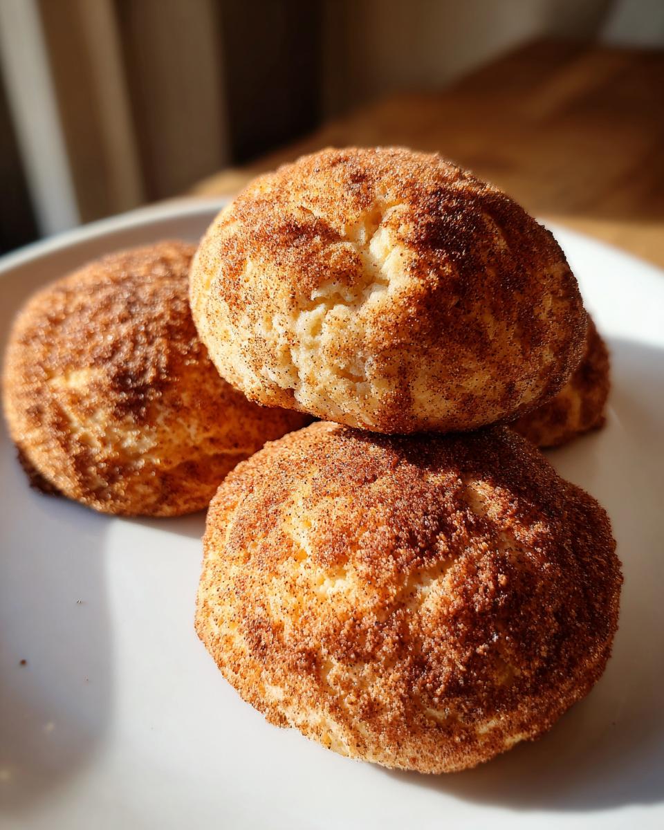 Three soft, puffy snickerdoodles heavily coated in cinnamon sugar stacked on a white plate.