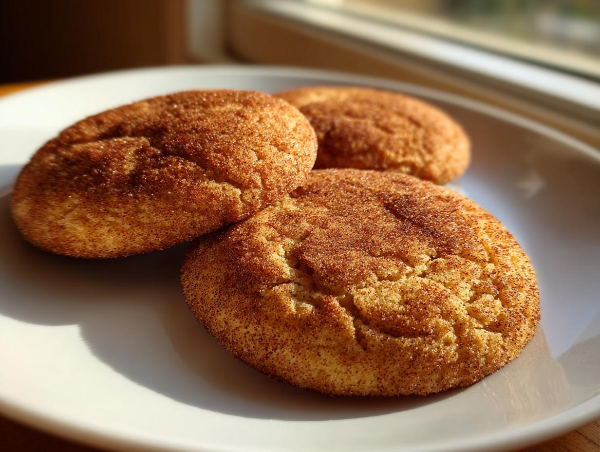 Three freshly baked, soft snickerdoodles coated in cinnamon sugar resting on a white plate.