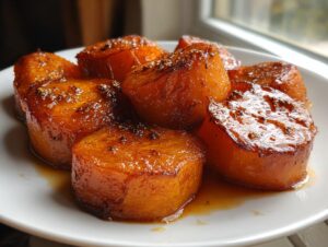 Close-up of thick-cut, glazed Southern candied yams glistening with syrup and spices on a white plate.