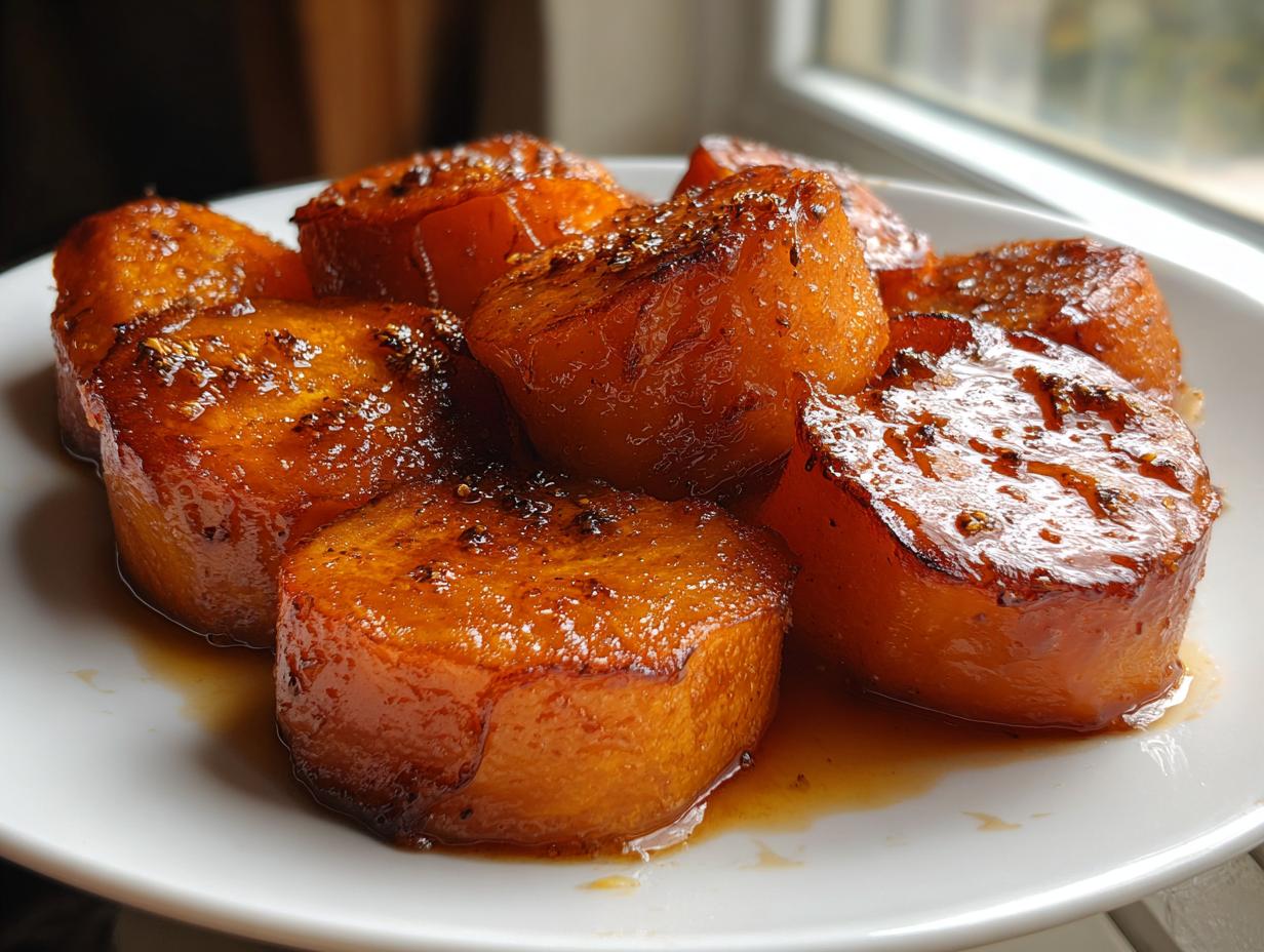 Close-up of thick-cut, glazed Southern candied yams glistening with syrup and spices on a white plate.