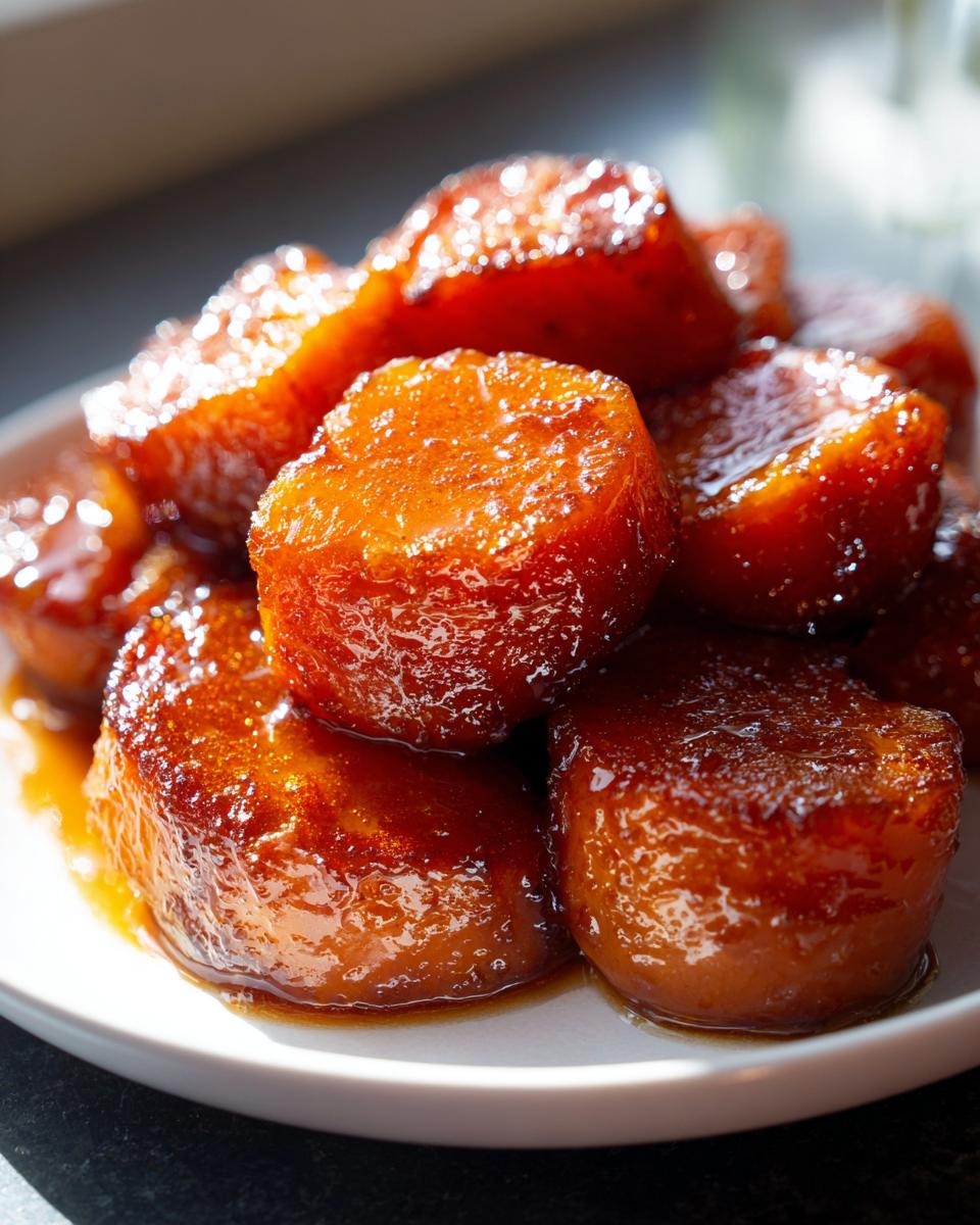 Close-up of thick-cut, glossy southern candied yams piled on a white plate, glistening with sweet syrup.