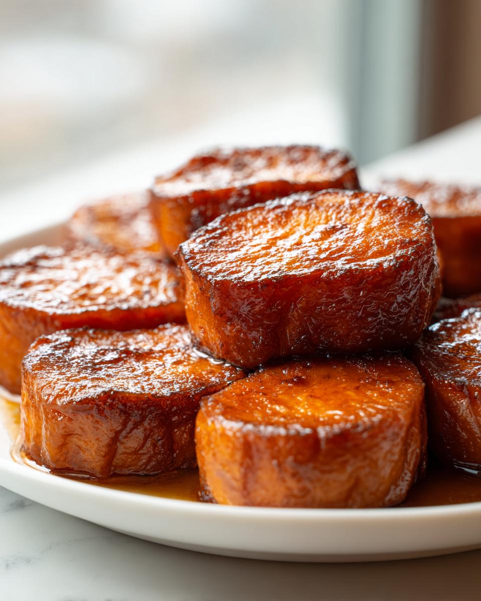Close-up of thick-cut, glossy southern candied yams stacked on a white plate with syrup.